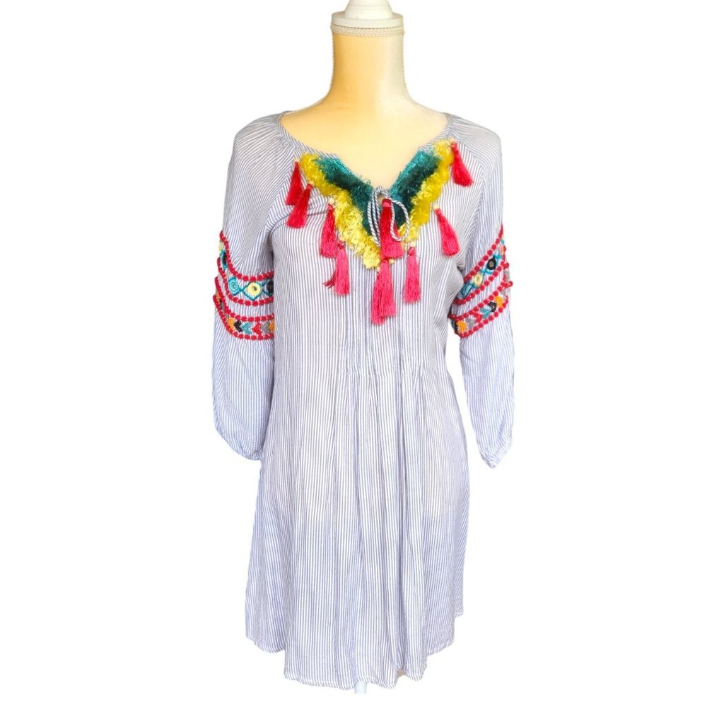 America and Beyond Boho Fringe Embroidered Mini Dress with Tassel Ties NEW w/TAG